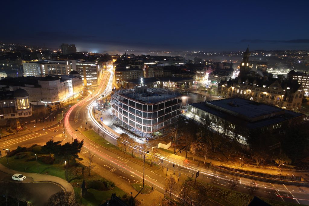Bradford’s landmark One City Park office scheme lights up to mark topping out 
