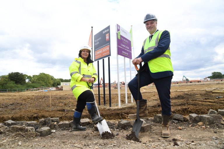 Bellway Northern Home Counties Senior Sales Manager Lindsey Davenport with Ashberry Sales Manager Kenny Lattimore at the ‘breaking ground’ ceremony in Desborough, where work is underway on Weavers Fields and The Wickets developments