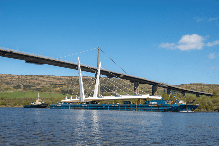 The first section of the road bridge over the River Clyde arrives in Renfrewshire