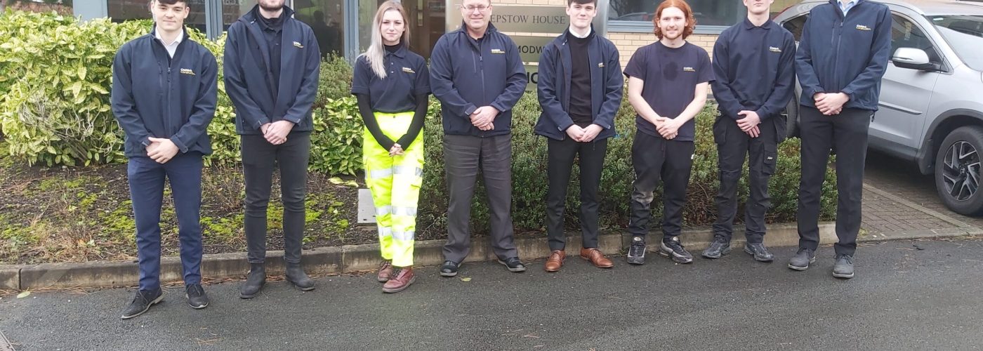 Seven apprentices with Ian Guildford, contracts manager for Caddick Construction’s North West team. From left – right Nathan Crowther, Harry Young, Georgia Harper, Ian Guildford, Nathan Worrall, George King, Cameron Snow and Malachy Cefai.