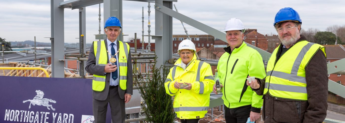 Cllrs Alan Bradford, Gill Slocombe, Mark Healy MBE and Brian Smedley with Ceremonial Yew Tree