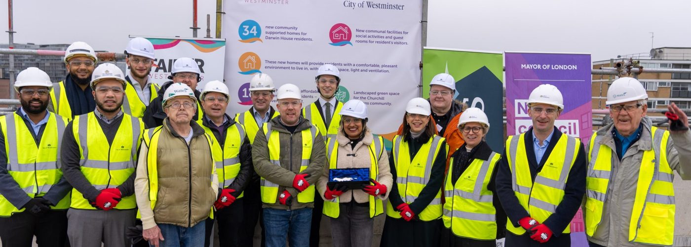 Westminster City Council holds topping out ceremony for new 52-home affordable housing scheme overlooking Battersea Power Station