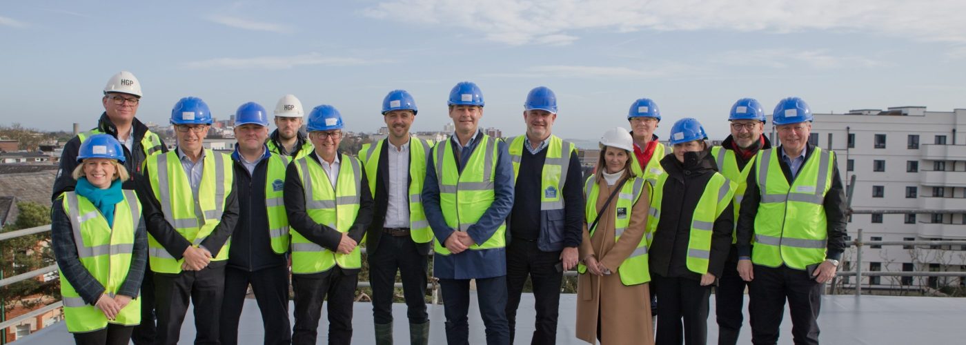 Guests from joint venture partners, BCP Council and Muse Developments, along with Parsons and Joyce celebrate the ‘topping out’ of West Cliff Mansions
