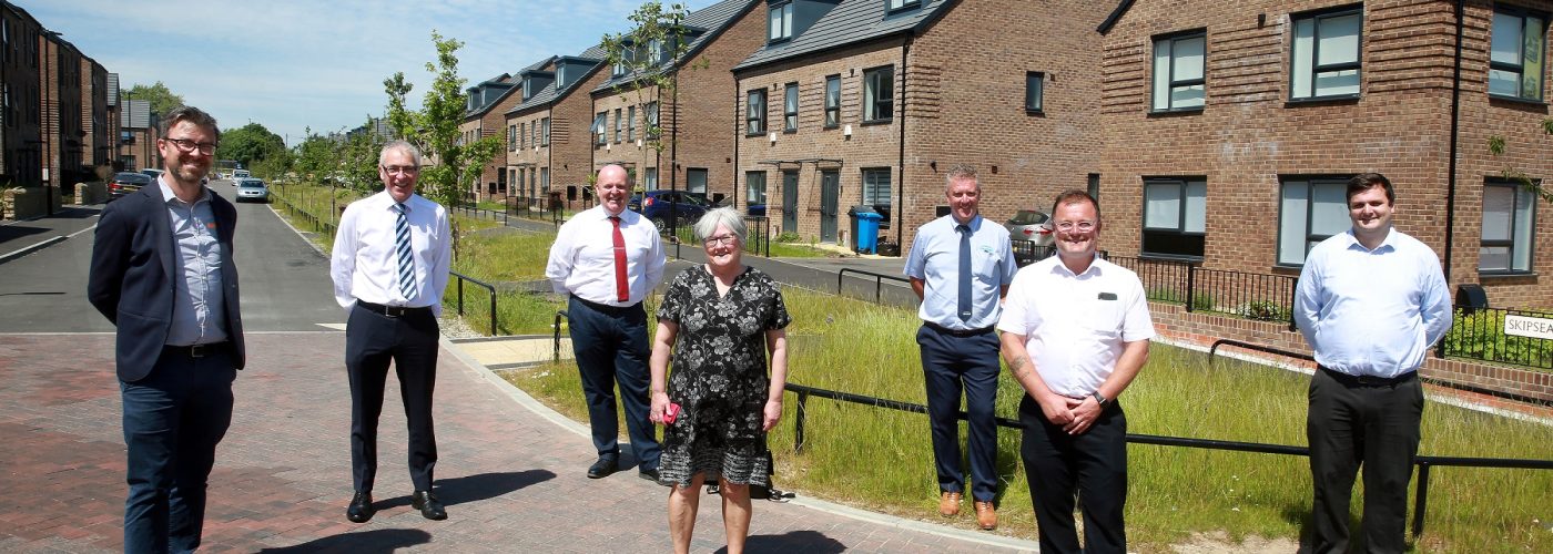Representatives from Sheffield Housing Company, Engie/Sigma and the City Council walk around the Princes Gardens development to see the progress made, Sheffield, United Kingdom, 15th June 2021. Photo by Glenn Ashley.