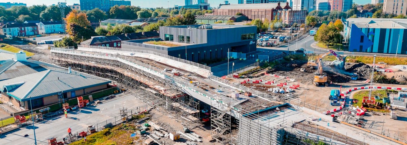 Altrad RMD Kwikform supports construction of complex new angled-span pedestrian bridge in Salford