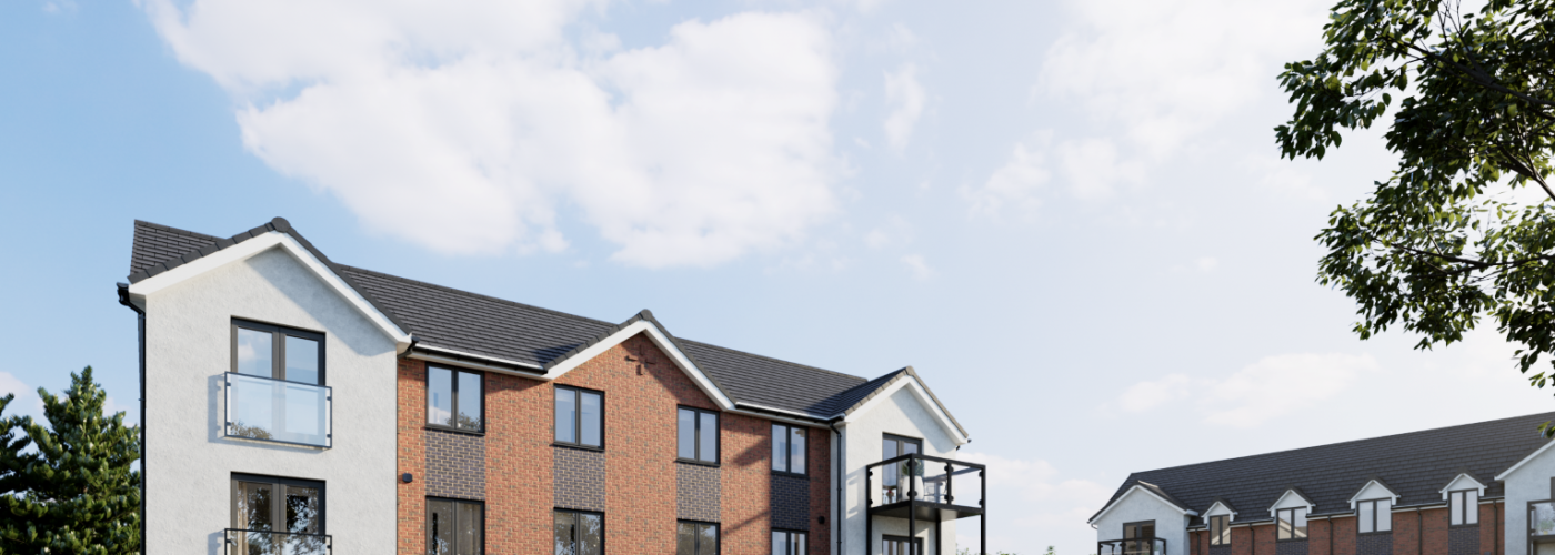 A CGI of the apartments being built at Spectre Hill, where the first homes are now available to purchase.