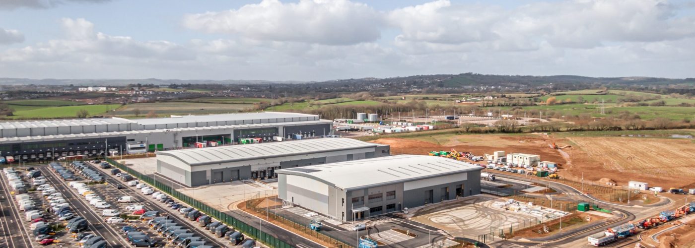 Aerial photograph of the two new developments at Exeter Logistics Park in East Devon.
