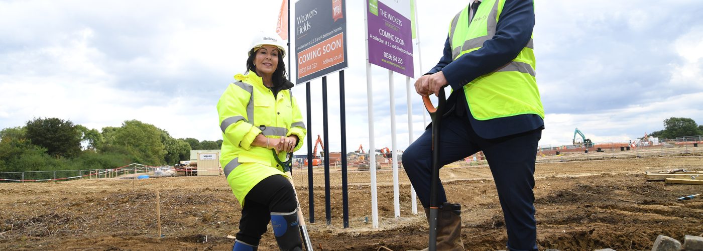 Bellway Northern Home Counties Senior Sales Manager Lindsey Davenport with Ashberry Sales Manager Kenny Lattimore at the ‘breaking ground’ ceremony in Desborough, where work is underway on Weavers Fields and The Wickets developments