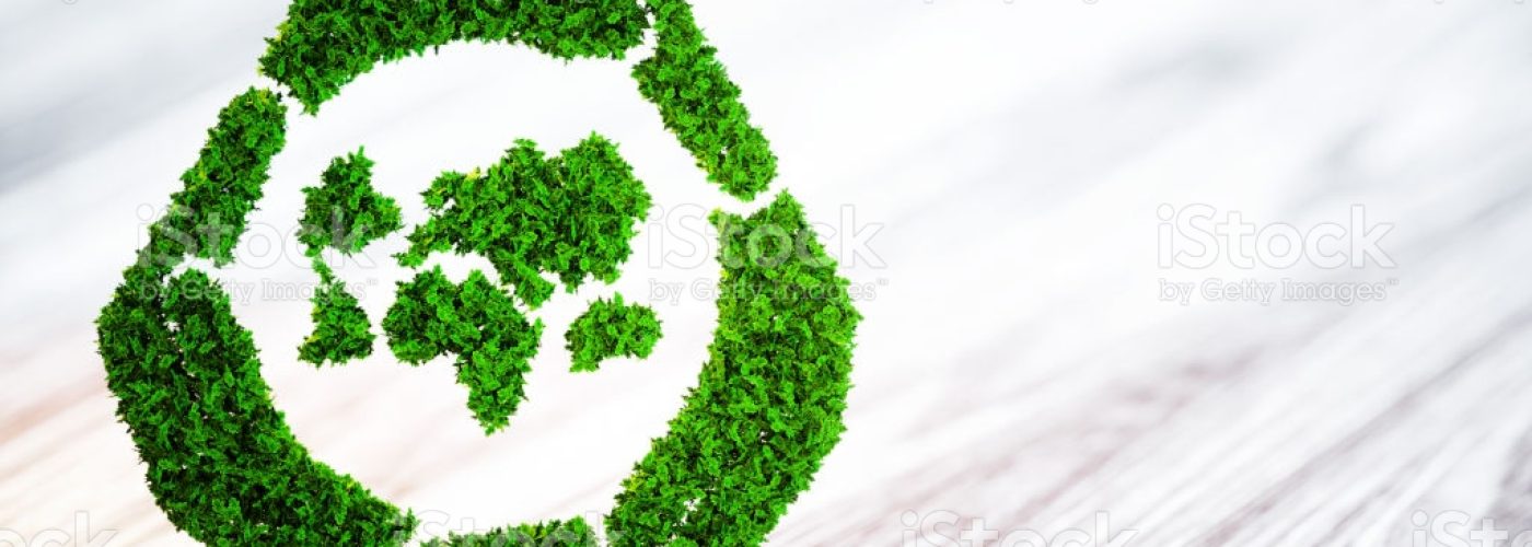 Green world sustainable development symbol on wooden desk. 3d illustration.