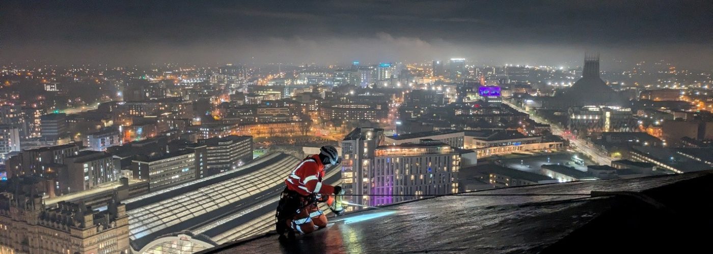 Engineers scale iconic Liverpool tower for after-dark inspections