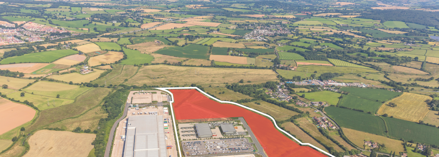 An aerial view of Exeter Logistics Park, East Devon. Please note that the area in red denotes the new site wide agreement.